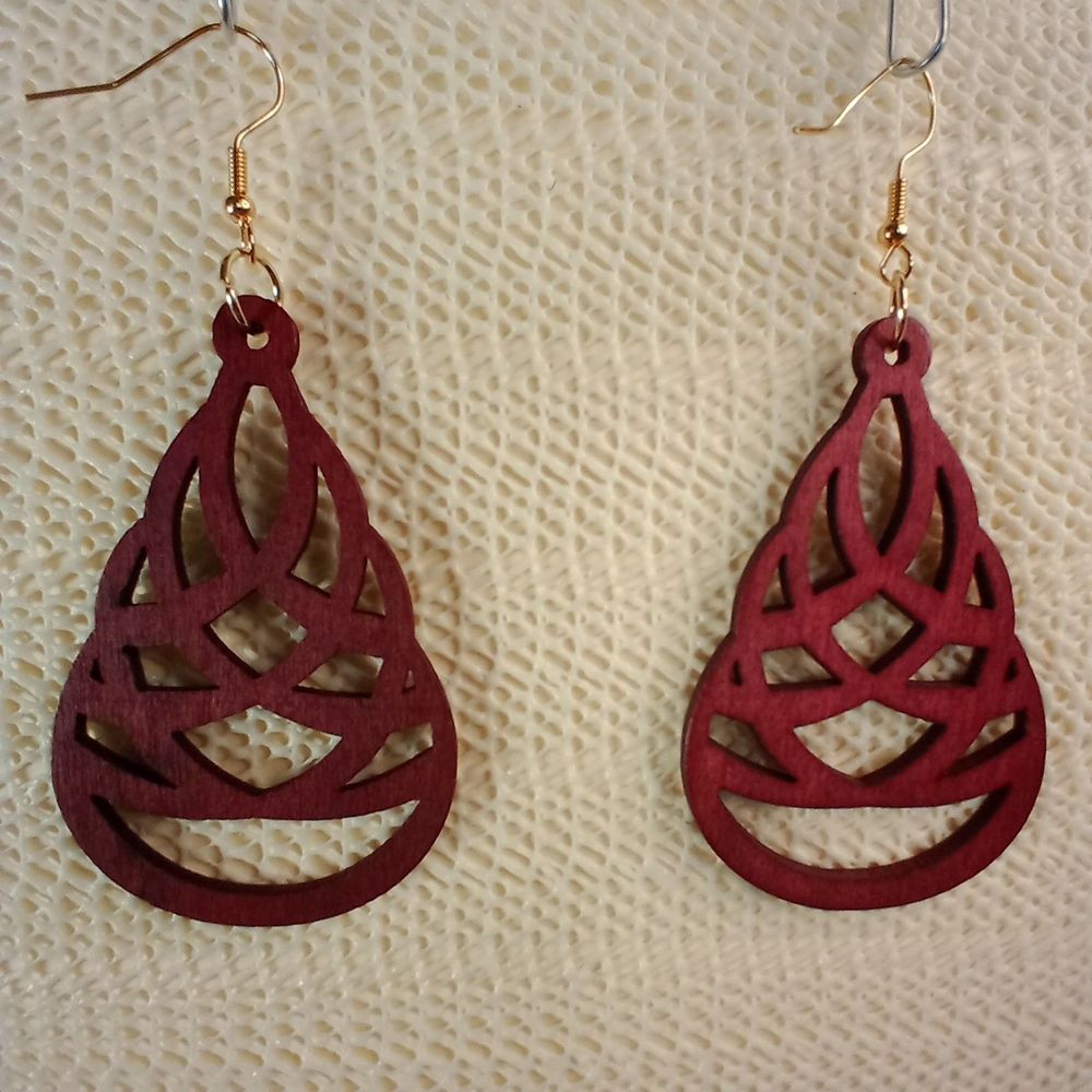 BOHO RED WOODEN Bohemian Teardrop Laser Cut 3.25" Earrings